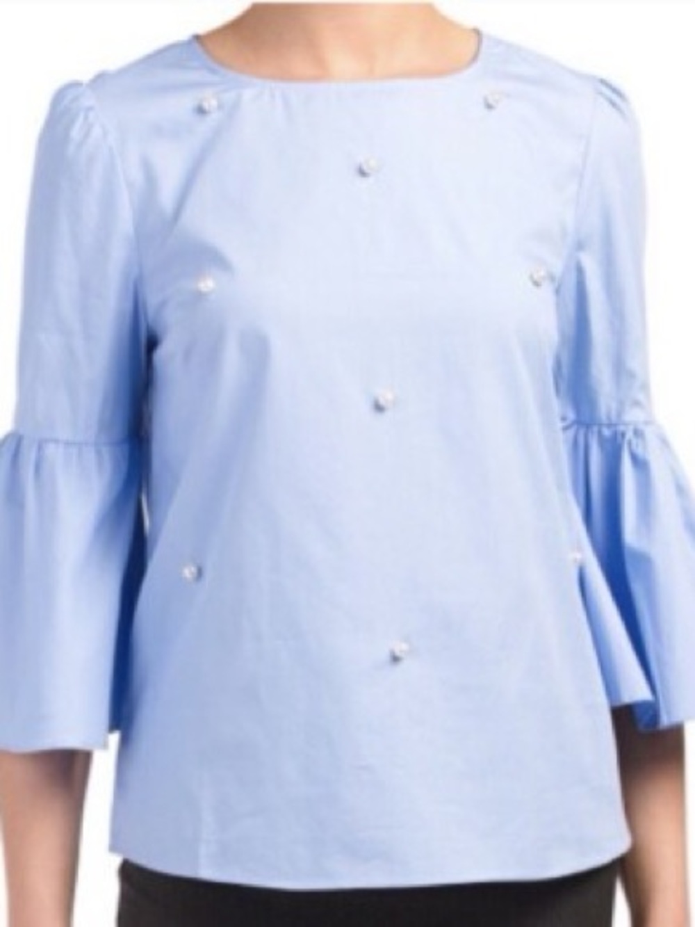 Truth Light Blue Pearl Accent Bell Sleeve Blouse - Women